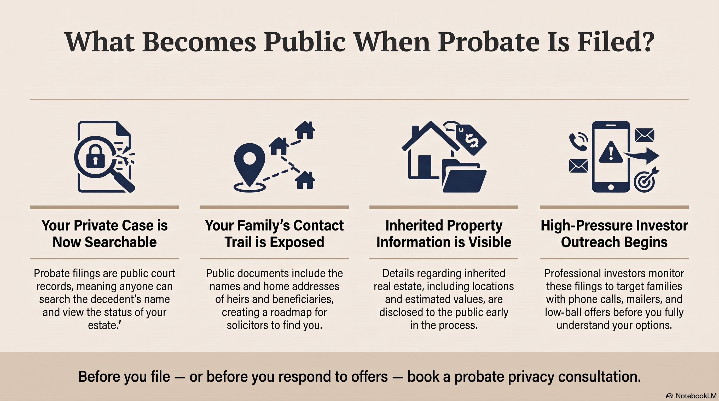Infographic explaining what can become public when probate is filed in California